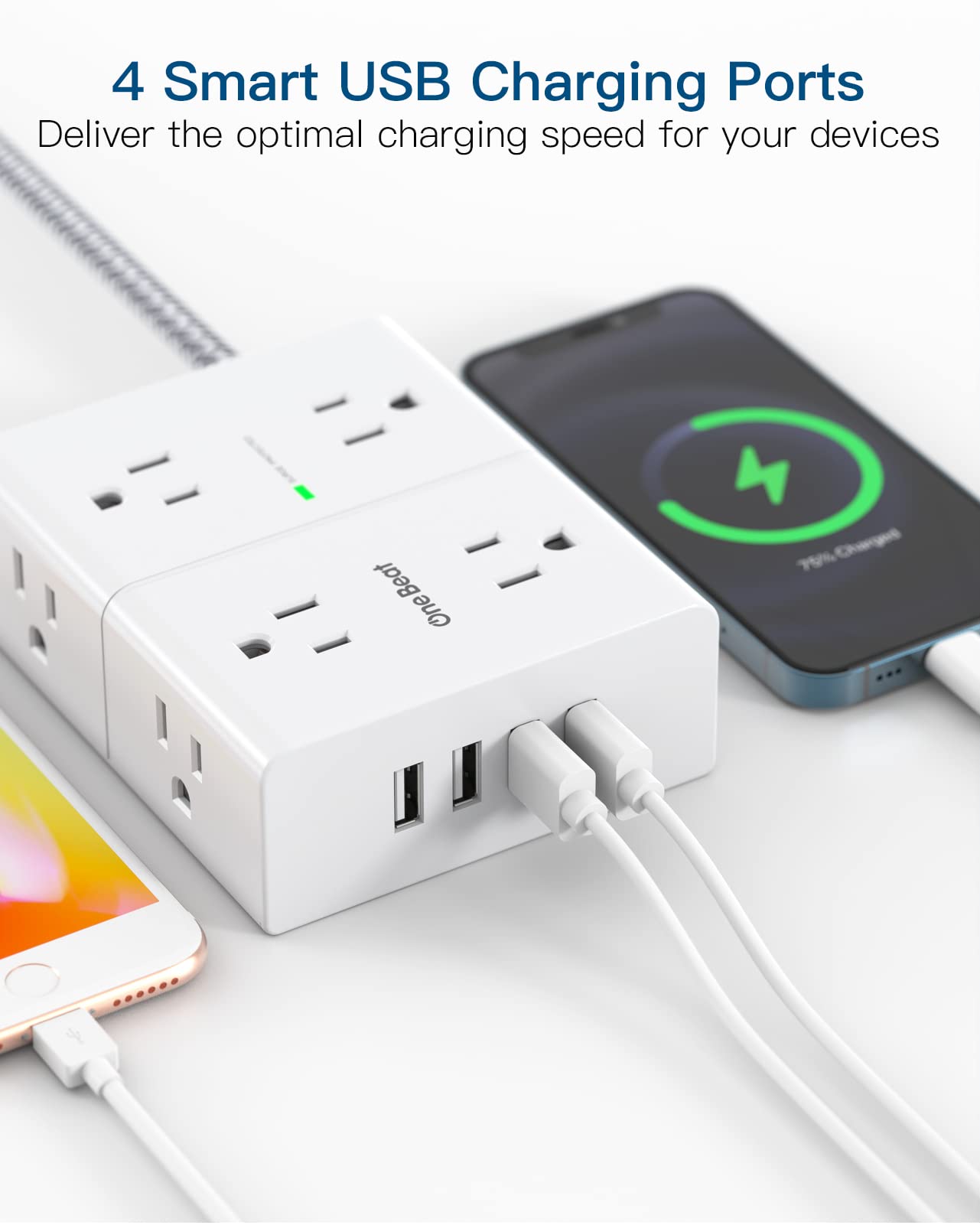 Power Strip Surge Protector with USB, Widely AC Outlet Extension Cord Flat Plug Desktop Charging Station