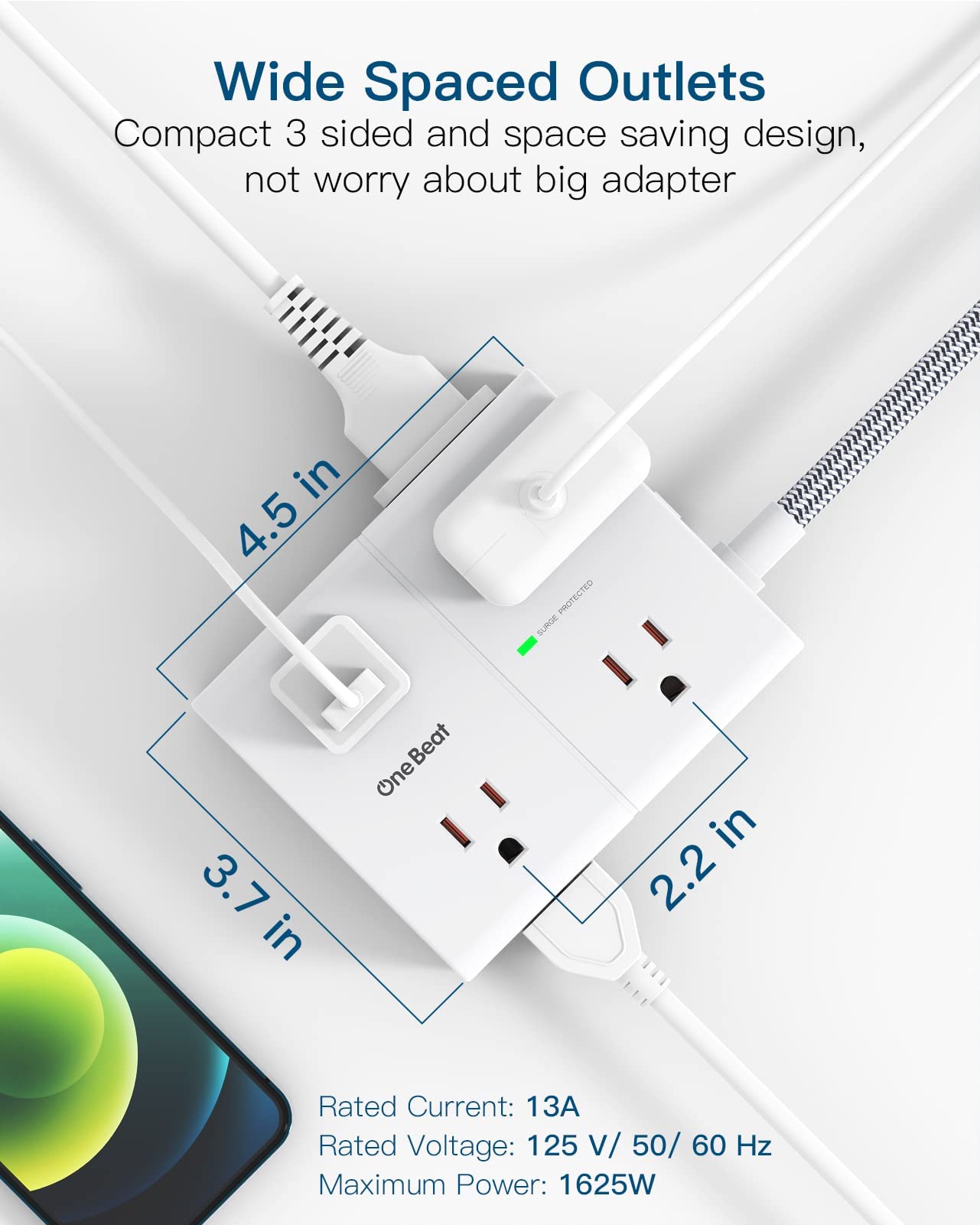 Power Strip Surge Protector with USB, Widely AC Outlet Extension Cord Flat Plug Desktop Charging Station