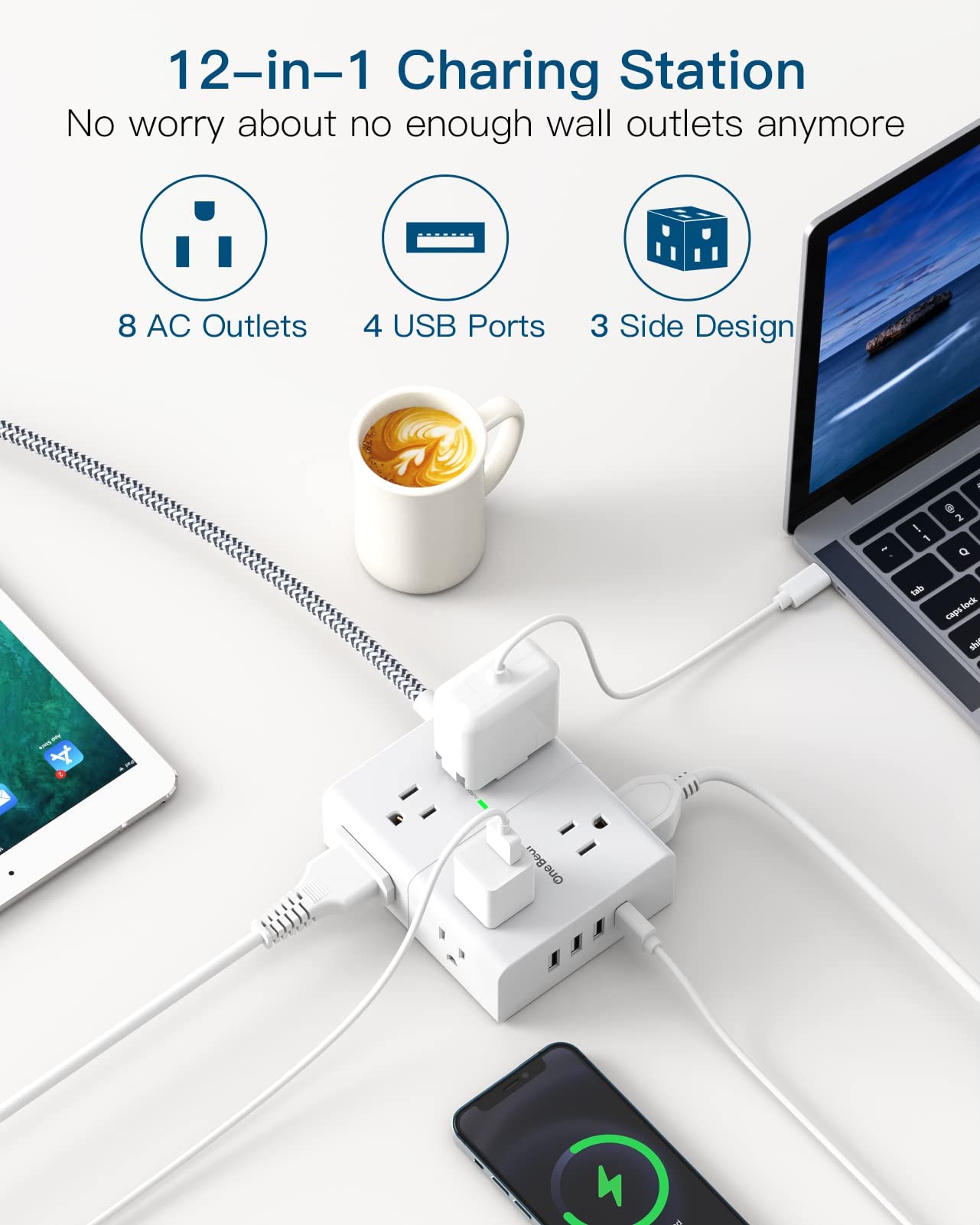 Power Strip Surge Protector with USB, Widely AC Outlet Extension Cord Flat Plug Desktop Charging Station