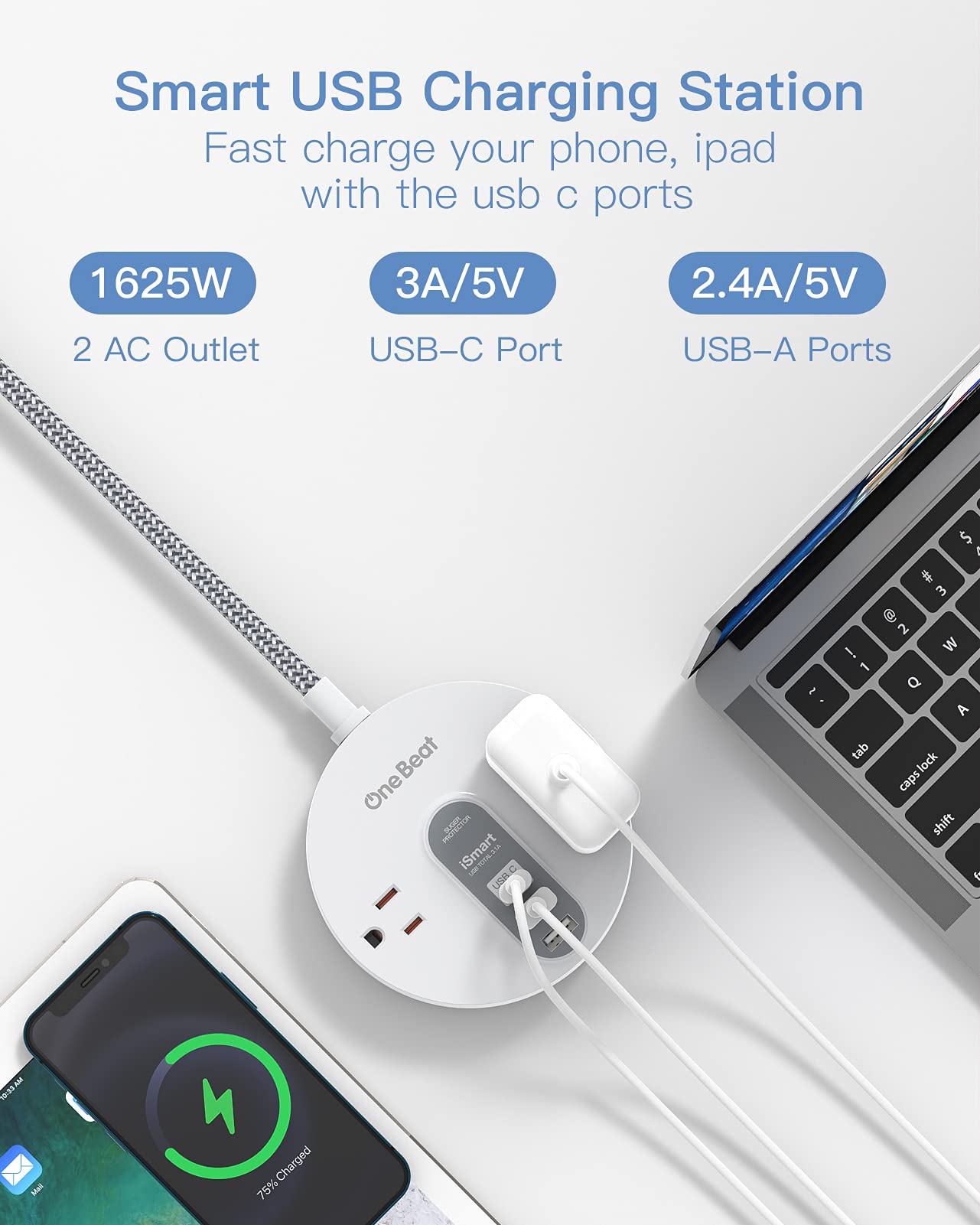 Power Strip Surge Protector with USB, Widely AC Outlet Extension Cord Flat Plug Desktop Charging Station