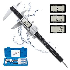 nuovoware digital caliper, 6 inch /150 mm ip54 electronic measuring tool, stainless steel waterproof micrometer vernier caliper with auto-off large lcd screen, high precision inch/metric/fraction