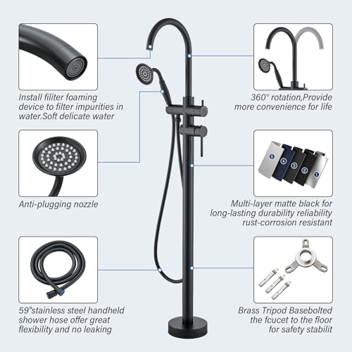 Freestanding Bathtub Faucet Floor Mount Tub Filler Matte Black Standing High Flow Shower Faucets with Handheld Shower Mixer Taps Swivel Spout