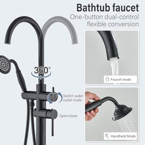 Freestanding Bathtub Faucet Floor Mount Tub Filler Matte Black Standing High Flow Shower Faucets with Handheld Shower Mixer Taps Swivel Spout