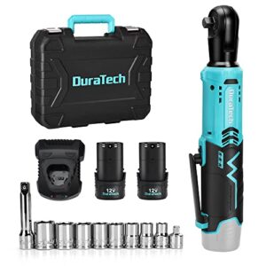 duratech cordless electric ratchet wrench set, 48 ft-lbs 3/8" 12v power ratchet wrench with 2pcs 2.0ah li-ion battery, 1 hour fast charger, 8pcs sockets, extension bar, adaptor, variable speed trigger