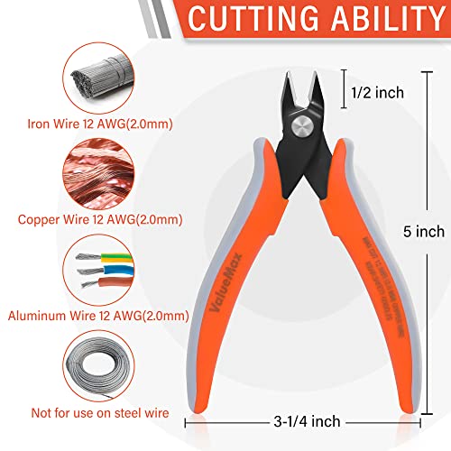 ValueMax Flush Wire Cutters, 3 Pack 5 Inch Precision Micro Cutter Anti-Slip Flush Cut Pliers, Diagonal Side Cutters for Electronics, Aluminum, Jewelry, 3D Printing, and Soft Copper Wire