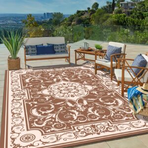 nalone reversible plastic straw rug, new york patio country retro transitional geometric outdoor area rug for rv, camping, deck, picnic (6'x9', beige&brown)