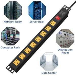 Rack Mount Power Strips, 1U Rack Mount PDU Power Strip Surge Protector for 19" Standard Rack, 8 Outlets Wide-Spaced, 15A/125V, 160 Joules, 6FT Cord Yellow