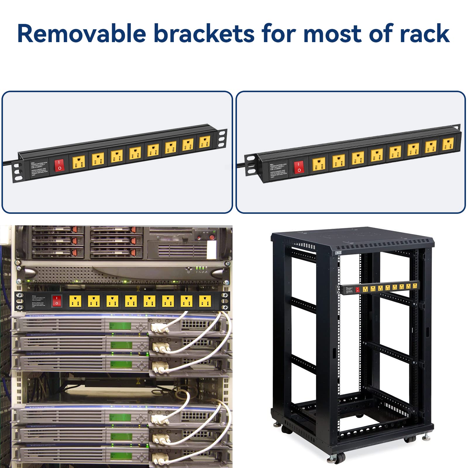 Rack Mount Power Strips, 1U Rack Mount PDU Power Strip Surge Protector for 19" Standard Rack, 8 Outlets Wide-Spaced, 15A/125V, 160 Joules, 6FT Cord Yellow