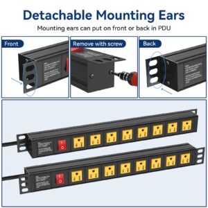 Rack Mount Power Strips, 1U Rack Mount PDU Power Strip Surge Protector for 19" Standard Rack, 8 Outlets Wide-Spaced, 15A/125V, 160 Joules, 6FT Cord Yellow