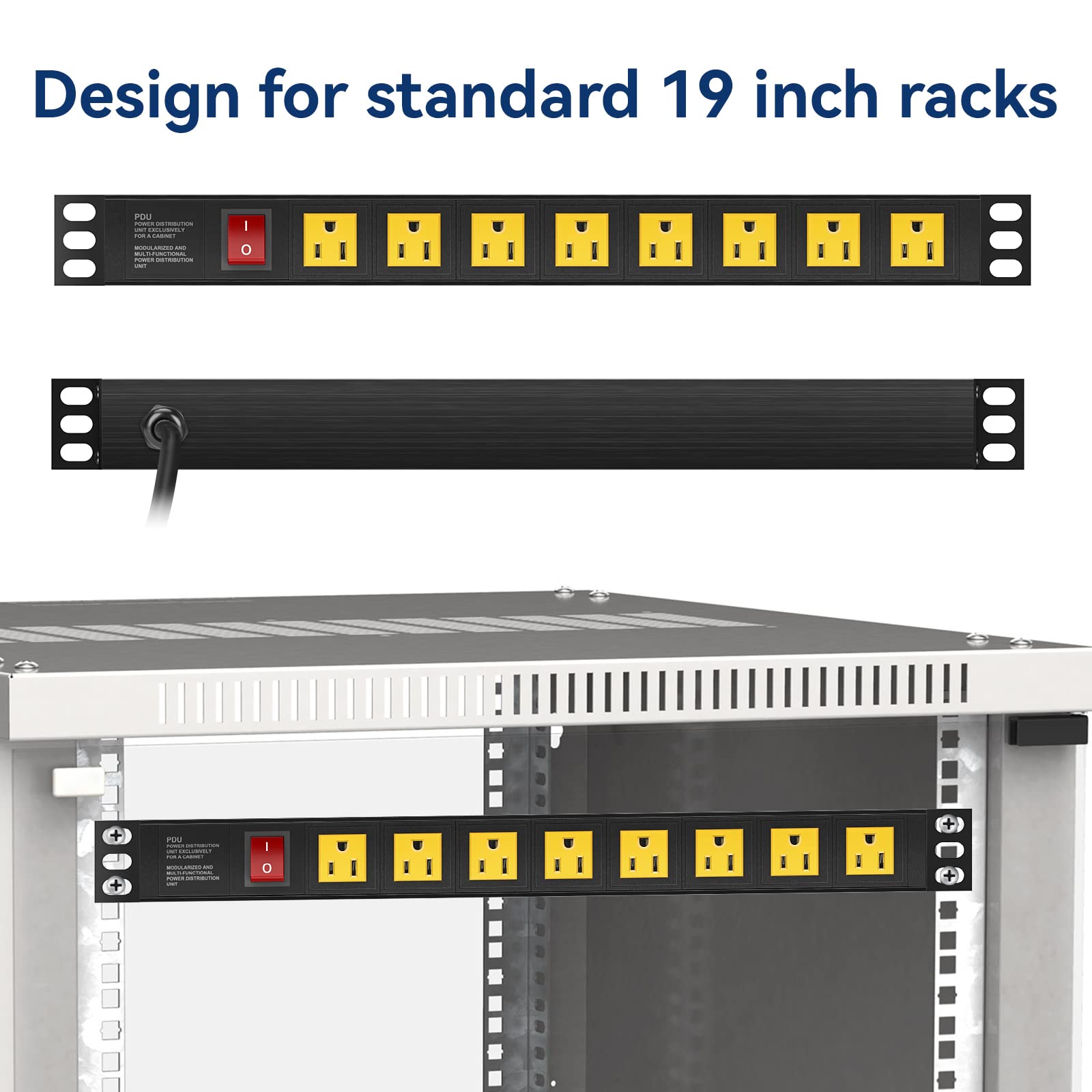 Rack Mount Power Strips, 1U Rack Mount PDU Power Strip Surge Protector for 19" Standard Rack, 8 Outlets Wide-Spaced, 15A/125V, 160 Joules, 6FT Cord Yellow