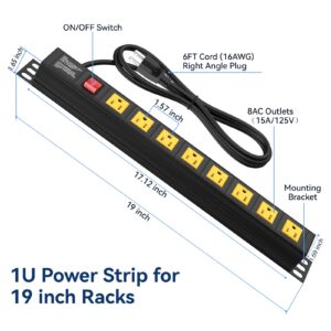 Rack Mount Power Strips, 1U Rack Mount PDU Power Strip Surge Protector for 19" Standard Rack, 8 Outlets Wide-Spaced, 15A/125V, 160 Joules, 6FT Cord Yellow