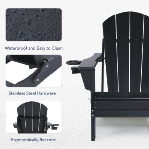 ABCPATIO Folding Adirondack Chair with Footrest - Outdoor Weather Resistant Plastic Adirondack Chairs with Detachable Ottoman, Stackable Seating with Cup Holder for Patio (Seat Width 20", Black)