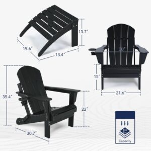 ABCPATIO Folding Adirondack Chair with Footrest - Outdoor Weather Resistant Plastic Adirondack Chairs with Detachable Ottoman, Stackable Seating with Cup Holder for Patio (Seat Width 20", Black)