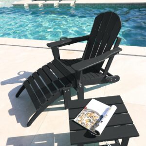 ABCPATIO Folding Adirondack Chair with Footrest - Outdoor Weather Resistant Plastic Adirondack Chairs with Detachable Ottoman, Stackable Seating with Cup Holder for Patio (Seat Width 20", Black)