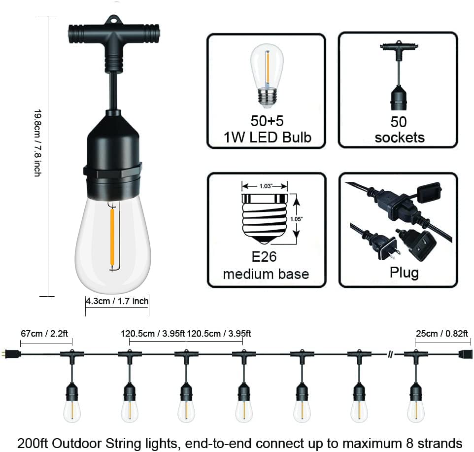 LONIUTO Outdoor String Lights, 200 FT LED String Outdoor Lights Waterproof & Shatterproof, Patio Hanging Lights with 50 Bulbs, Camping Decorative Lights for Outdoor Backyard Garden Decor