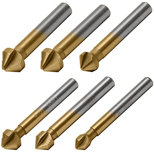 Aracombie 6 Pack 3 Flute 90 Degree Countersink Drill Bit Set, Titanium HSS Chamfering Tool Set Metric End Mill Cutter Bits, Deburring Chamfering Bit for Metal, Wood, Aluminum, Stainless Steel