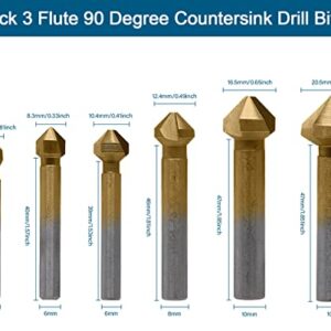 Aracombie 6 Pack 3 Flute 90 Degree Countersink Drill Bit Set, Titanium HSS Chamfering Tool Set Metric End Mill Cutter Bits, Deburring Chamfering Bit for Metal, Wood, Aluminum, Stainless Steel