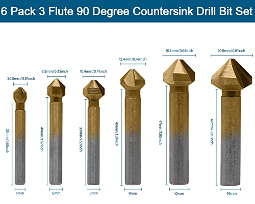 Aracombie 6 Pack 3 Flute 90 Degree Countersink Drill Bit Set, Titanium HSS Chamfering Tool Set Metric End Mill Cutter Bits, Deburring Chamfering Bit for Metal, Wood, Aluminum, Stainless Steel