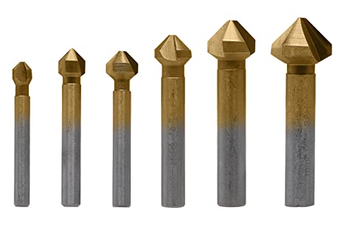 Aracombie 6 Pack 3 Flute 90 Degree Countersink Drill Bit Set, Titanium HSS Chamfering Tool Set Metric End Mill Cutter Bits, Deburring Chamfering Bit for Metal, Wood, Aluminum, Stainless Steel