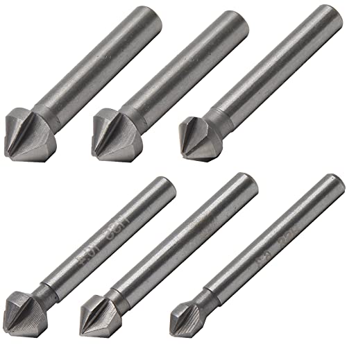 Aracombie 6 Pack 3 Flute 90 Degree Countersink Drill Bit Set, HSS Chamfering Tool Set Metric End Mill Cutter Bits, Deburring Chamfering Bit for Metal, Wood, Aluminum, Stainless Steel