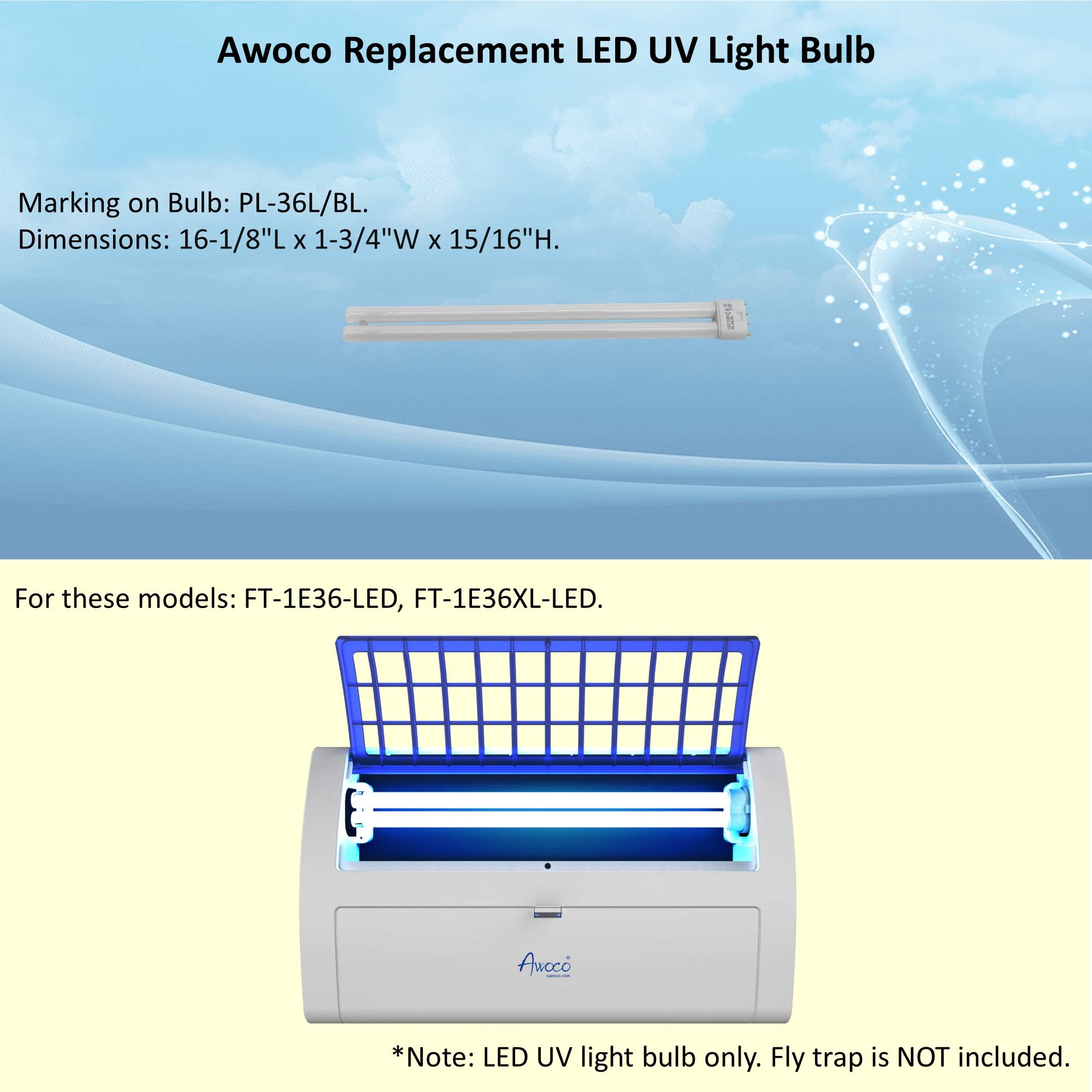 Awoco Pack of 2 Replacement LED Tube PL-36L 13 W LED UV Light Bulb for Wall Mount Sticky Fly Trap Lamp FT-1E36-LED (PL-36L x 2)