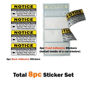 TOTOMO (Set of 8) Notice Audio and Video Recording Consent Stickers - 3" x 1.5" Self Adhesive Signs (4pc Front Adhesive & 4pc Back Adhesive Stickers) Dashcam Warning Decal