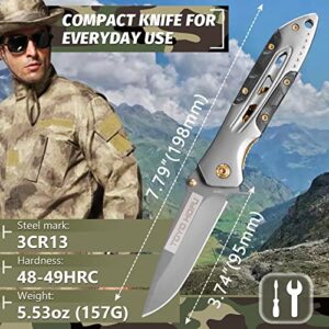 TOYO HOFU Pocket Knife with Clip,Folding Utility knife,Sharp Survival Knife for Self Defense,Spring Assisted Tactical Knife, Gift for Father, Men,Women(Silver)