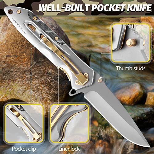 TOYO HOFU Pocket Knife with Clip,Folding Utility knife,Sharp Survival Knife for Self Defense,Spring Assisted Tactical Knife, Gift for Father, Men,Women(Silver)