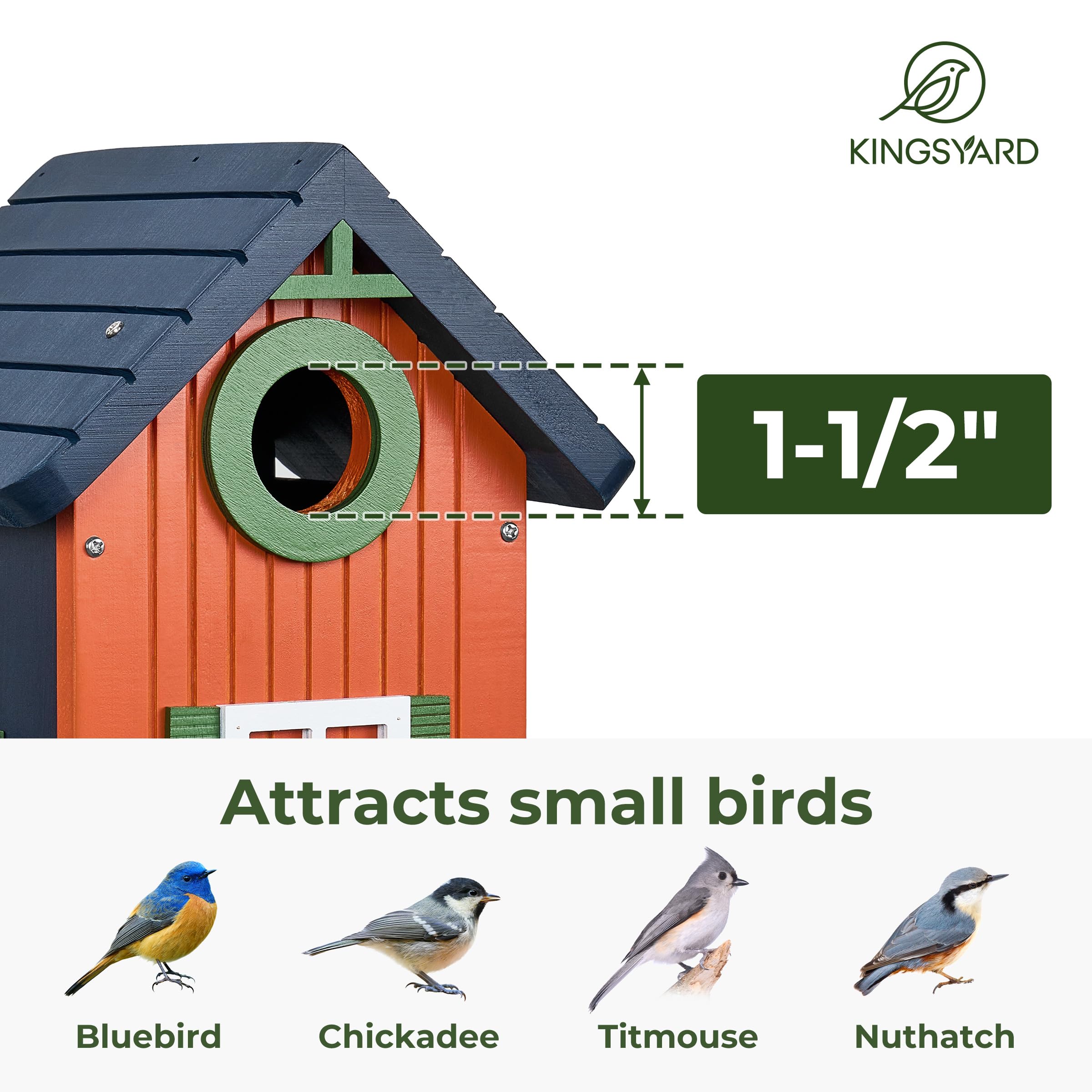 Kingsyard Design Bird House with Predator Guard, Colorful Birdhouse for Bluebird Wren Chickadee, Nesting Box for Wild Bird Watching, Orange