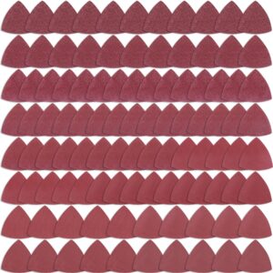 austor 100 pieces triangle sanding pads triangular sandpaper sanding sheets fit for 3-1/8 inch oscillating multi tool hook and loop assorted 40/60/80/120/180/240/320/400/600/800/1000 grits, no holes