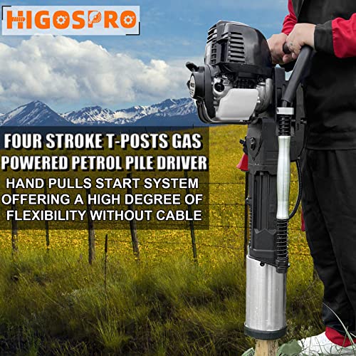 HIGOSPRO Gas Powered 4-Stroke T Post Driver Hammer Drills, 37.7CC Gasoline Engine Pile Driver, 8700W Air Cooling Single Cylinder, Gasoline Petrol Garden Fencing Tool Machine with 2 Post Driving Head