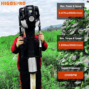 HIGOSPRO Gas Powered 4-Stroke T Post Driver Hammer Drills, 37.7CC Gasoline Engine Pile Driver, 8700W Air Cooling Single Cylinder, Gasoline Petrol Garden Fencing Tool Machine with 2 Post Driving Head