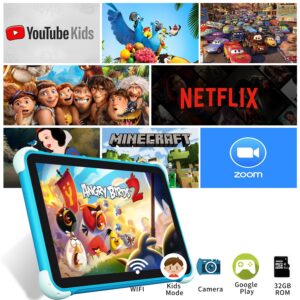 YINOCHE Kids Tablet 10.1 inch Android Toddler Tablet for Kids Children Tablets for Toddlers with Dual Camera 2GB 32GB ROM 1280x800 HD IPS Touch Screen Parental Control YouTube Netflix (Ice Blue)
