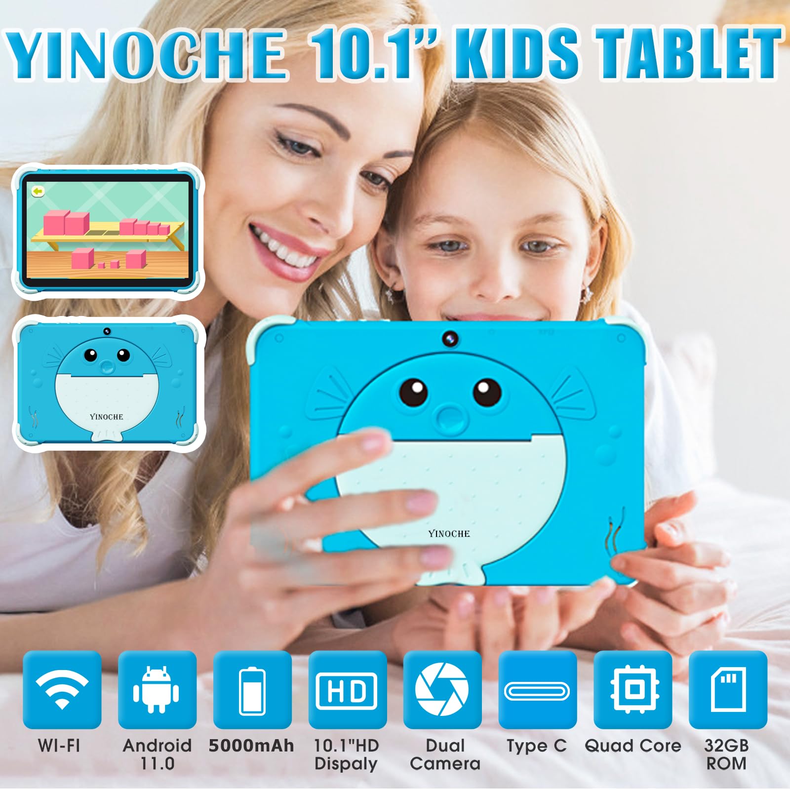 YINOCHE Kids Tablet 10.1 inch Android Toddler Tablet for Kids Children Tablets for Toddlers with Dual Camera 2GB 32GB ROM 1280x800 HD IPS Touch Screen Parental Control YouTube Netflix (Ice Blue)