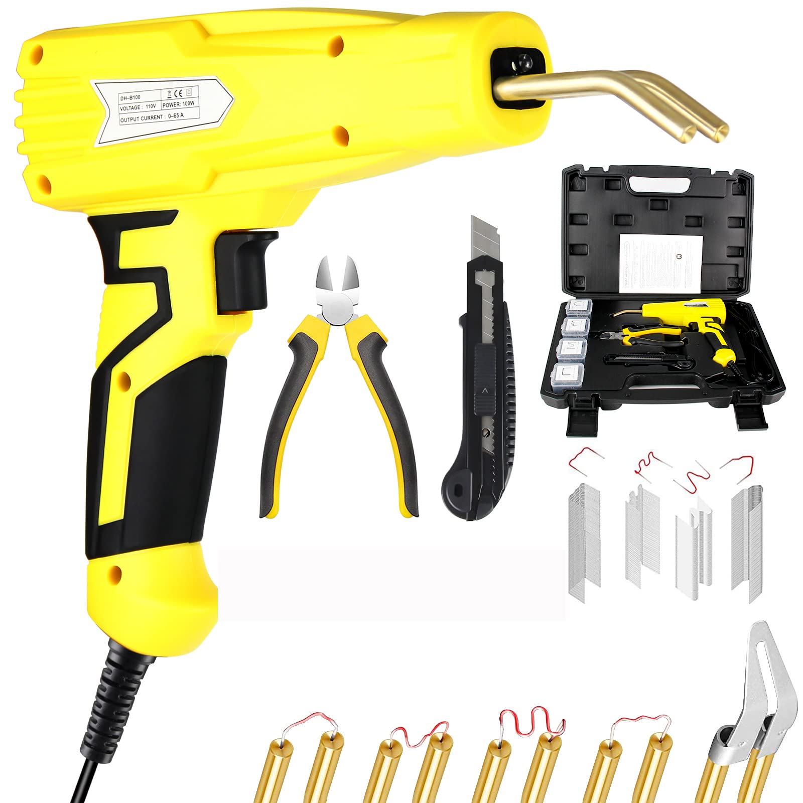 Upgraded Version 100W Hot Stapler Gun,Plastic Welder Machine for Car Bumper Repair, Plastic Weliding Repair Kit, Bumper Crack Repair Kit with Plier Include 4 Types Hot Wave Flat Staples (Yellow)