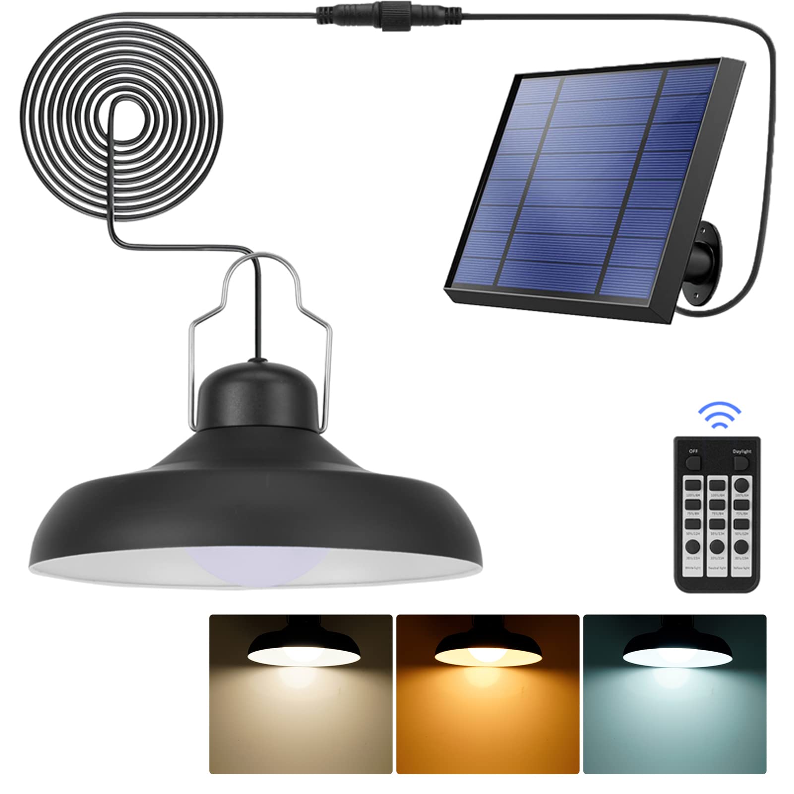 Sararoom LED Solar Pendant Light Outdoor, 7in 3000K/4000K/6000K Dimmable Indoor Solar Light with Remote Control, IP65 Waterproof Solar Shed Light with 16.4ft Cable for Patio, Camp, Chicken Coop, Barn