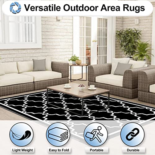 OutdoorLines Outdoor Reversible Rugs for Patio 4x6 ft - Outside Plastic Carpet, Stain & UV Resistant Portable RV Mat, Straw Rug for Camping, Backyard, Deck, Picnic, Porch Moroccan Black & White