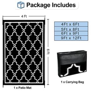 OutdoorLines Outdoor Reversible Rugs for Patio 4x6 ft - Outside Plastic Carpet, Stain & UV Resistant Portable RV Mat, Straw Rug for Camping, Backyard, Deck, Picnic, Porch Moroccan Black & White