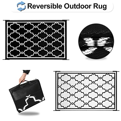 OutdoorLines Outdoor Reversible Rugs for Patio 4x6 ft - Outside Plastic Carpet, Stain & UV Resistant Portable RV Mat, Straw Rug for Camping, Backyard, Deck, Picnic, Porch Moroccan Black & White