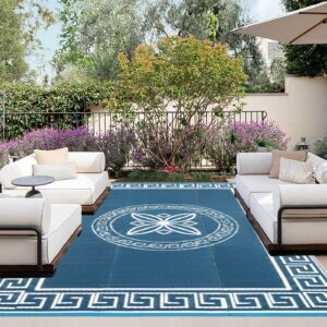 outdoorlines outdoor reversible rugs for patio 9x12 ft - plastic area rug, stain & uv resistant portable rv carpet, plastic straw mats for porch deck and camping quatrefoil/grayish blue & white