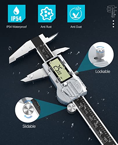 Housolution Digital Caliper, (ABS) Absolute Scale Caliper 6", IP54 Electronic Measuring Tool, Inch/MM/Fraction, Auto-Off LCD Stainless Steel Waterproof Micrometer Vernier Caliper, with Feeler Gauges