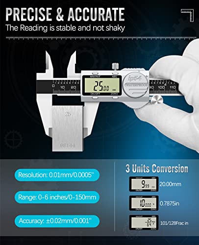 Housolution Digital Caliper, (ABS) Absolute Scale Caliper 6", IP54 Electronic Measuring Tool, Inch/MM/Fraction, Auto-Off LCD Stainless Steel Waterproof Micrometer Vernier Caliper, with Feeler Gauges