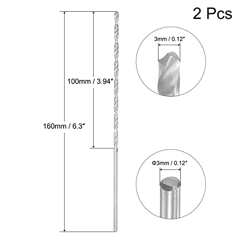 uxcell HSS(High Speed Steel) Extra Long Twist Drill Bits, 3mm Drill Diameter 160mm Length for Hardened Metal Woodwork Plastic Aluminum Alloy 2 Pcs