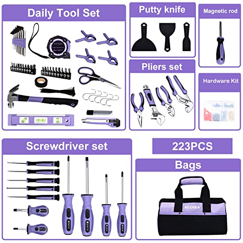 Purple Tool Set,ACOSEA 223-Piece Tool Sets for Women,Tool Kit with 13-Inch Wide Mouth Open Purple Tool Bag,The Basic Tool Set is Perfect for Home Maintenance (PURPLE)