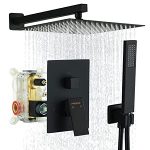 fransiton 10 inches matte black shower system rain shower system set wall mounted, rainfall shower head with handheld, bathroom shower kit (valve included)