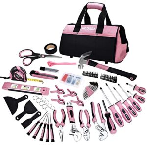 pink tool set,acosea 223-piece tool sets for women,tool kit with 13-inch wide mouth open pink tool bag,the basic tool set is perfect for home maintenance (pink)