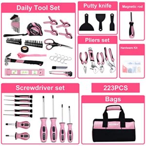 Pink Tool Set,ACOSEA 223-Piece Tool Sets for Women,Tool Kit with 13-Inch Wide Mouth Open Pink Tool Bag,The Basic Tool Set is Perfect for Home Maintenance (PINK)