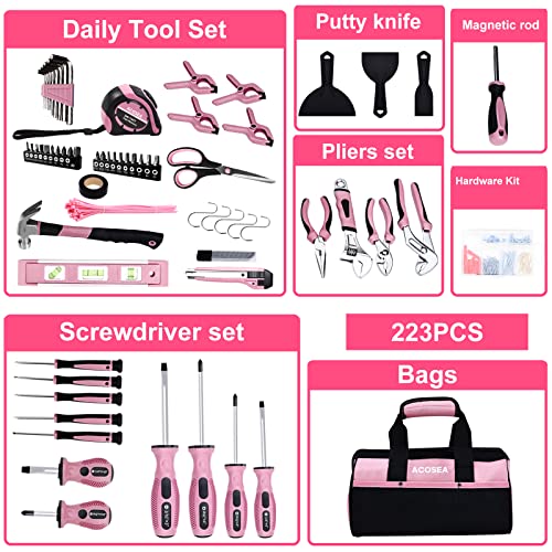 Pink Tool Set,ACOSEA 223-Piece Tool Sets for Women,Tool Kit with 13-Inch Wide Mouth Open Pink Tool Bag,The Basic Tool Set is Perfect for Home Maintenance (PINK)