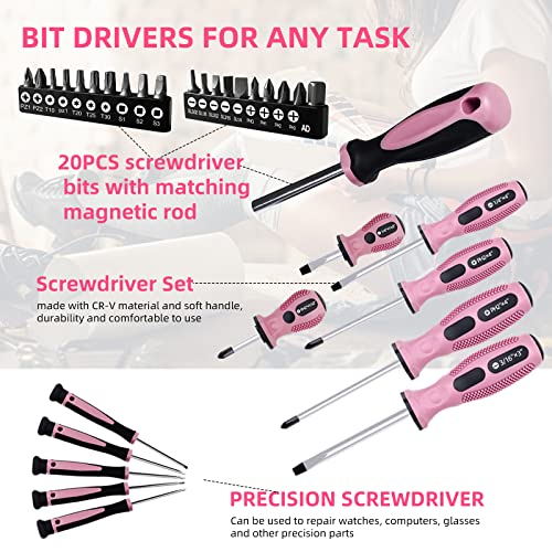 Pink Tool Set,ACOSEA 223-Piece Tool Sets for Women,Tool Kit with 13-Inch Wide Mouth Open Pink Tool Bag,The Basic Tool Set is Perfect for Home Maintenance (PINK)