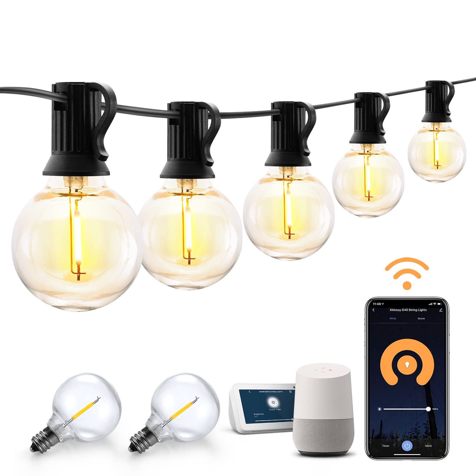 XMCOSY+ Smart Outdoor String Lights, 75Ft G40 Globe Patio Lights with 34 Dimmable LED Bulbs, WiFi & APP Control, Work with Alexa, Extendable Waterproof LED String Lights for Outside, Porch, Backyard